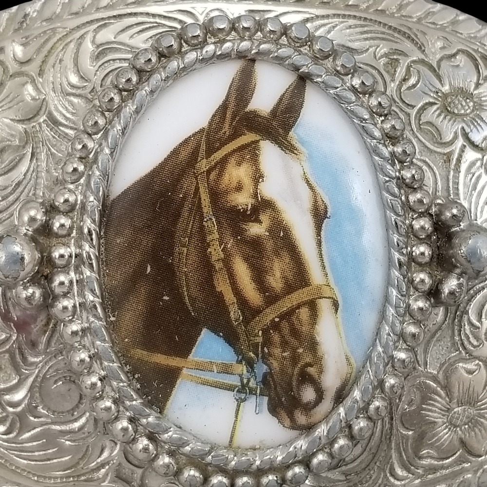 Western Cowboy Horse Head Oval Belt Buckle Silver Tone Ornate Engraved - Picture 3 of 9